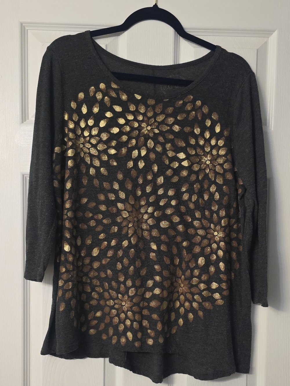 Lucky Brand Women's Charcoal Gray Top with Gold Petal Print